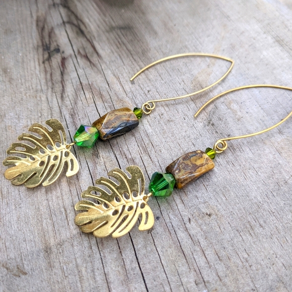 Jewelry - Monstera Brass Tiger Eye Earrings